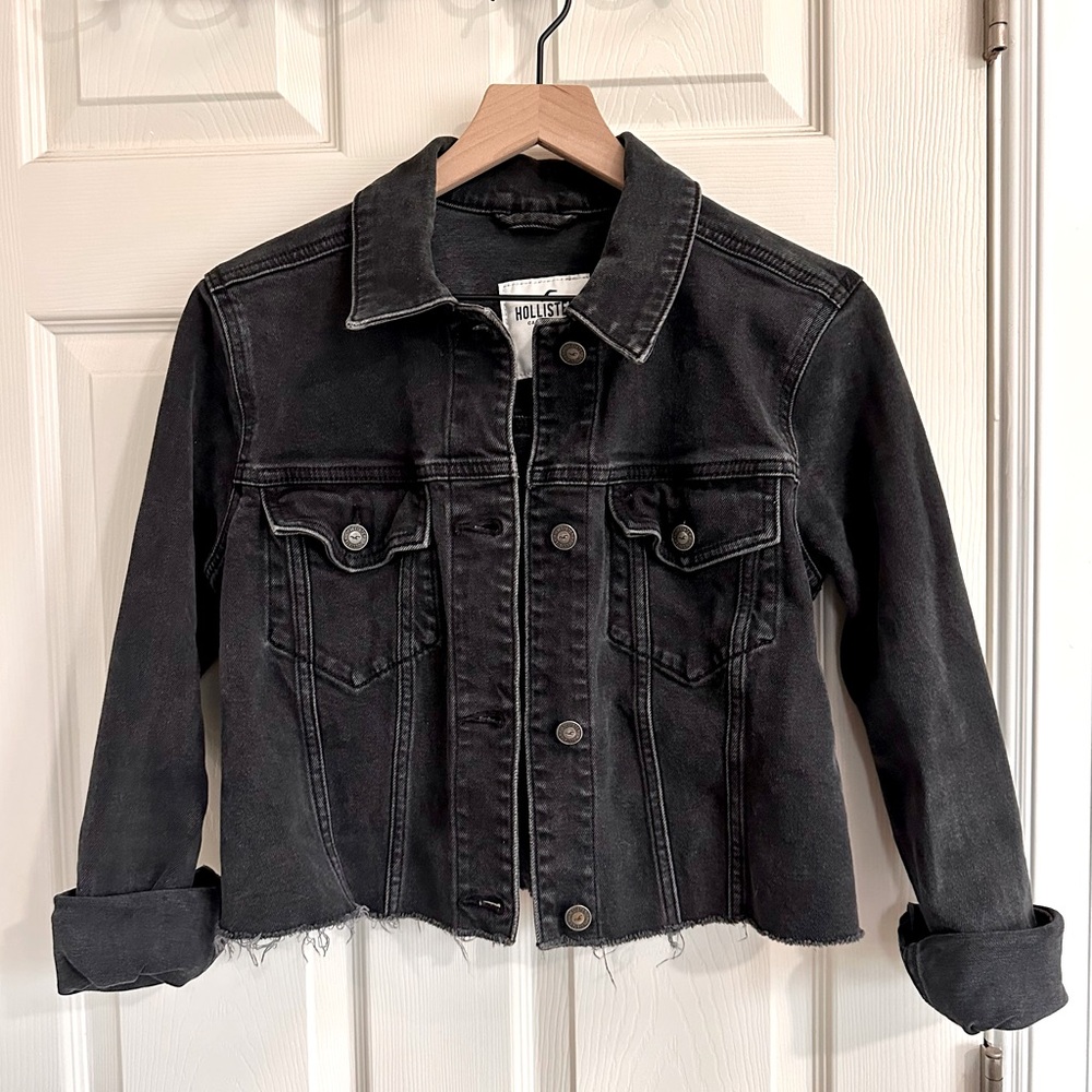 Distressed cropped black denim jacket